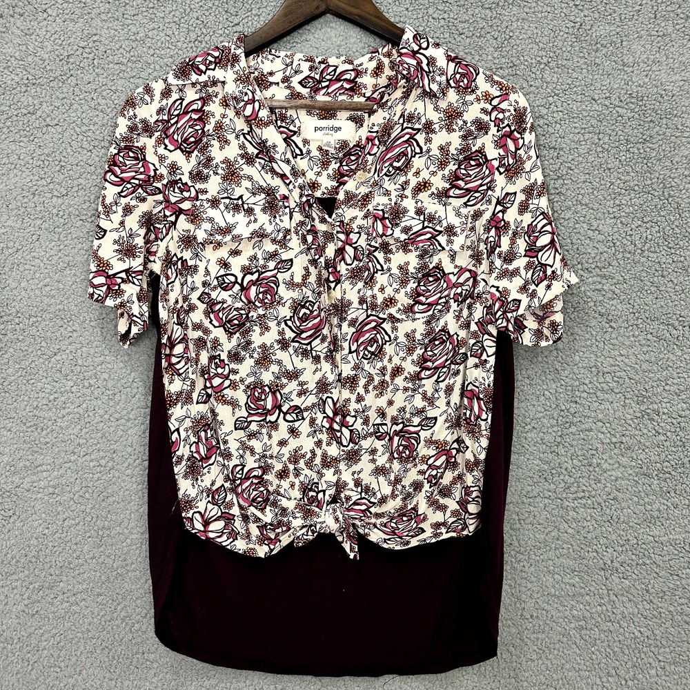 Anthropologie Porridge Button Up Top Purple Floral Tie Waist Boho Womens XS
